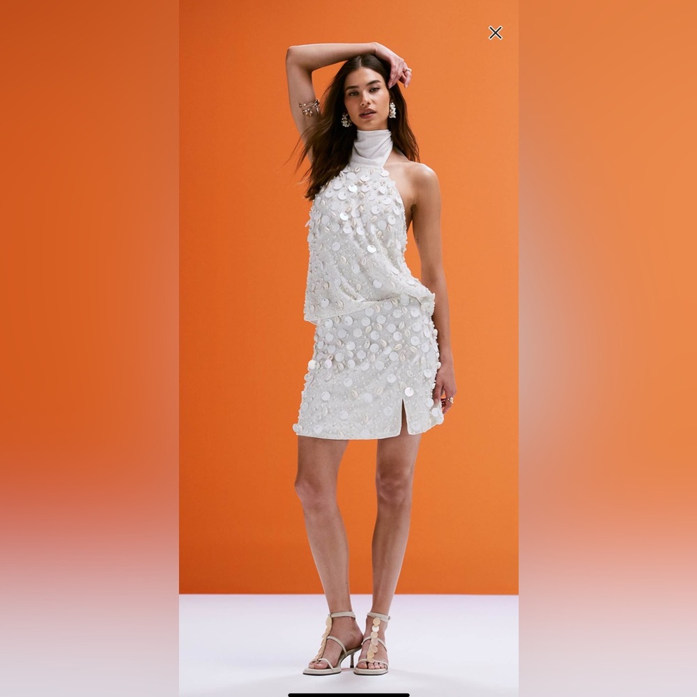 ASOS DESIGN linen blend halter top and skirt with faux shell and sequin